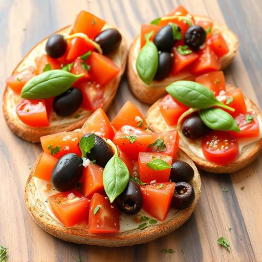Bruschette miste con pomodorini, basilico e olive taggiasche