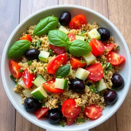 Insalata di farro con pomodorini, cetrioli, olive e basilico fresco