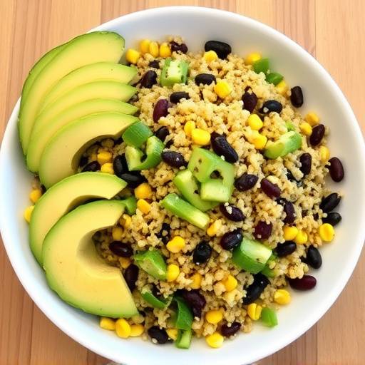 Insalata di quinoa con avocado, mais, fagioli neri e dressing al lime