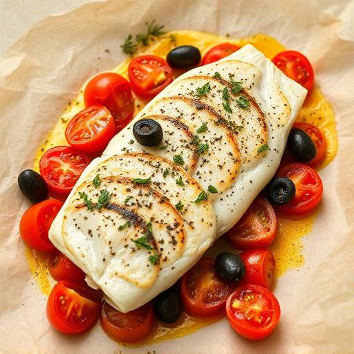 Merluzzo al cartoccio con pomodorini, olive, capperi e origano, cotto al forno