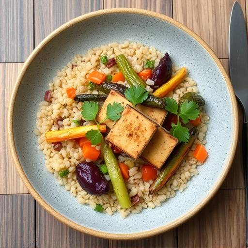 Orzo perlato con verdure di stagione, cubetti di tofu affumicato e erbe aromatiche