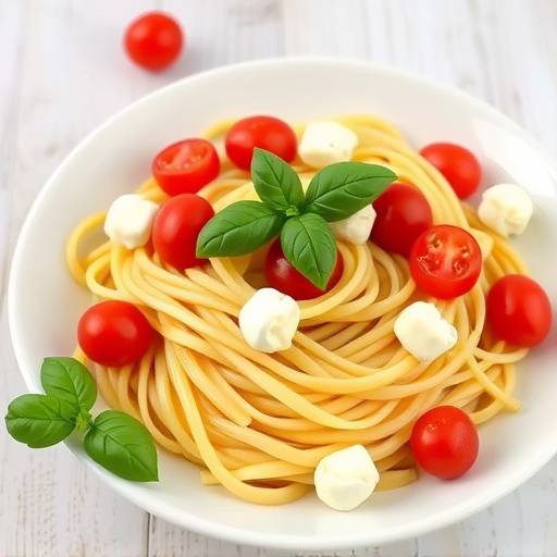 Pasta fresca fatta in casa con pomodorini, basilico e mozzarella