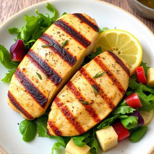 Pollo alla griglia marinato con limone e rosmarino, accompagnato da un'insalata mista