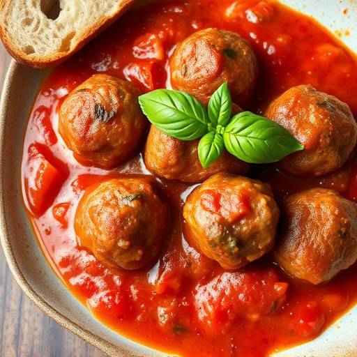 Polpette al sugo con basilico fresco e pane casereccio