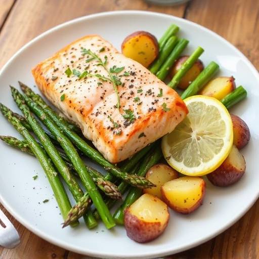 Salmone al forno con asparagi e patate novelle, condito con limone e erbe aromatiche