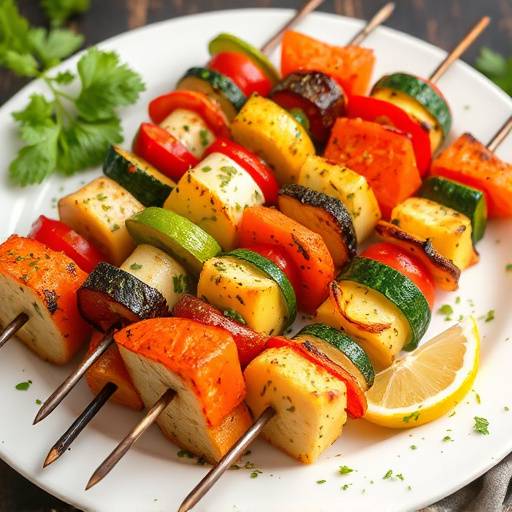 Spiedini di verdure miste grigliate, marinati con olio, limone e erbe aromatiche