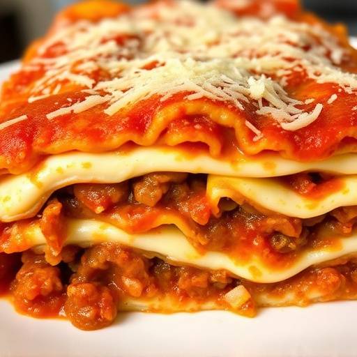 Un piatto di lasagne al forno, con strati di pasta fresca, rag&radic;&pi; di carne, besciamella e parmigiano reggiano.
