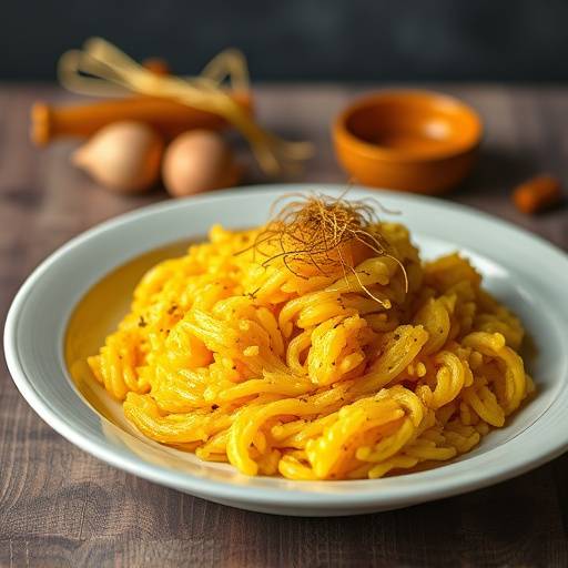 Un piatto di risotto alla milanese con zafferano, dal colore giallo intenso.