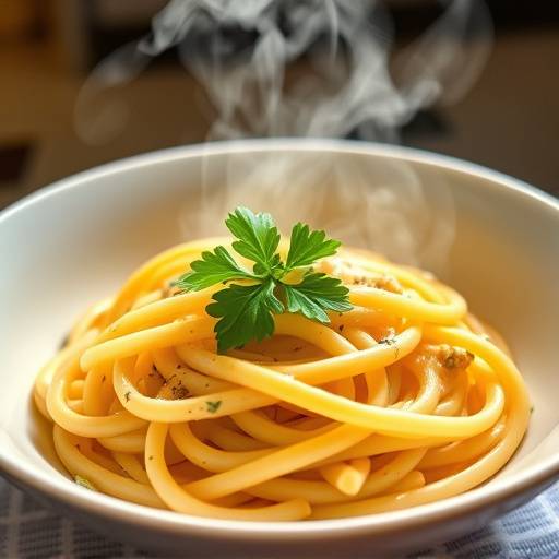 Una ciotola fumante di pasta alla carbonara, guarnita con prezzemolo fresco
